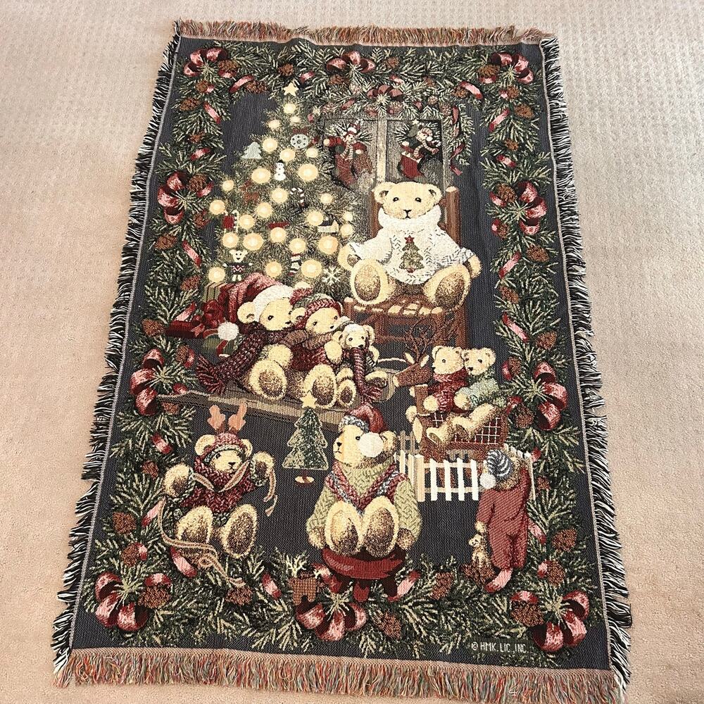 Vintage Goodwin Weavers Christmas Teddy Bear Cotton Throw Tapestry Blanket 50x70